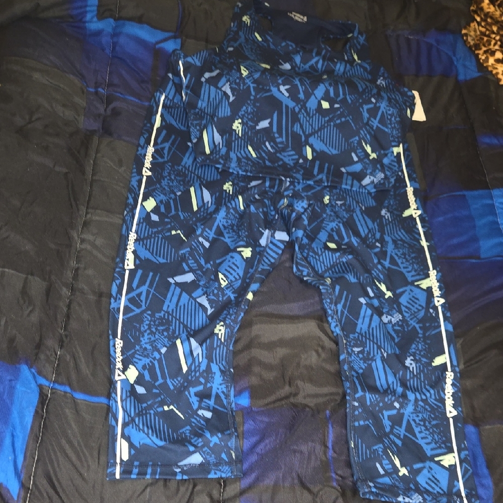 Reebok Blue and Neon Athletic Leggings and Crop Top Set